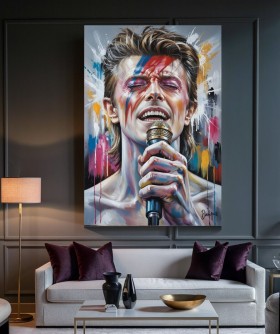 Expressives Leinwandbild eines Sängers mit farbigen Pinselakzenten Expressives Leinwandbild eines Sängers mit farbigen Pinselakzenten