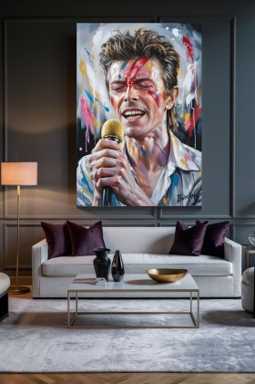 Expressives Leinwandbild mit singendem Mann und Farbspritzern Expressives Leinwandbild mit singendem Mann und Farbspritzern