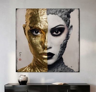 Modernes Leinwandbild mit geteiltem Porträt in Gold und Grau