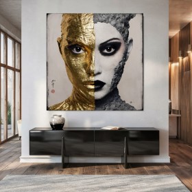 Modernes Leinwandbild mit geteiltem Porträt in Gold und Grau Modernes Leinwandbild mit geteiltem Porträt in Gold und Grau