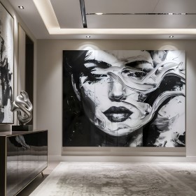 Abstraktes Leinwandbild in Schwarz Weiß mit Gesichtsmotiv Abstraktes Leinwandbild in Schwarz Weiß mit Gesichtsmotiv