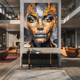 Abstraktes Porträt auf Leinwand in Grau, Schwarz und Orange Abstraktes Porträt auf Leinwand in Grau, Schwarz und Orange