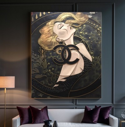 Leinwandbild elegante Frau mit goldenen Linien in dunkler Komposition