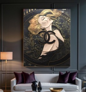 Leinwandbild elegante Frau mit goldenen Linien in dunkler Komposition Leinwandbild elegante Frau mit goldenen Linien in dunkler Komposition