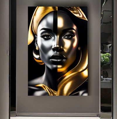 Elegantes Leinwandbild mit goldschwarzem Frauenporträt