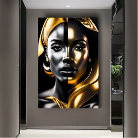 Elegantes Leinwandbild mit goldschwarzem Frauenporträt Elegantes Leinwandbild mit goldschwarzem Frauenporträt