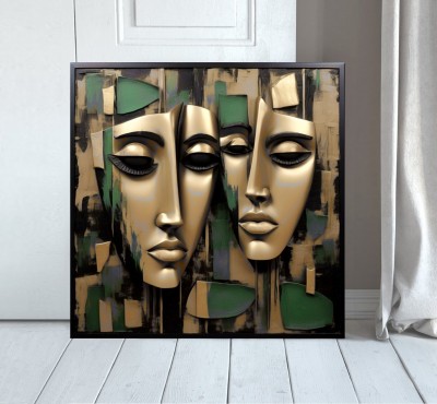 Abstraktes Leinwandbild mit goldenen Maskengesichtern und Grün