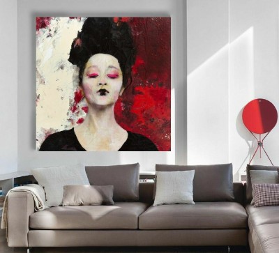 Ausdrucksstarkes Leinwandbild mit Frauenporträt in Rot und Schwarz