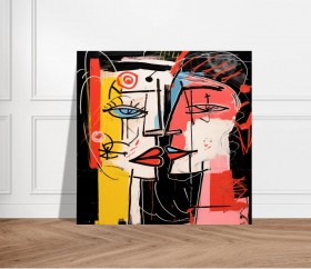 Abstraktes Leinwandbild mit zwei Gesichtern in kräftigen Farben Abstraktes Leinwandbild mit zwei Gesichtern in kräftigen Farben