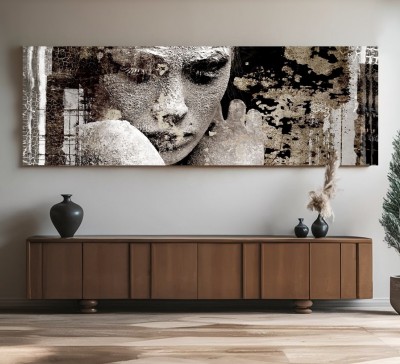 Abstraktes Leinwandbild mit ausdrucksstarkem Frauenporträt in Grau und Beige