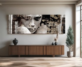 Abstraktes Leinwandbild mit ausdrucksstarkem Frauenporträt in Grau und Beige Abstraktes Leinwandbild mit ausdrucksstarkem Frauenporträt in Grau und Beige