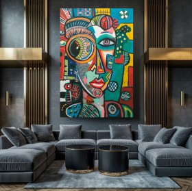 Abstraktes Leinwandbild mit farbigem Gesicht und markanten Formen Abstraktes Leinwandbild mit farbigem Gesicht und markanten Formen