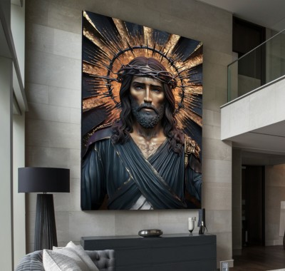 Dramatisches Christus Wandbild mit Dornenkrone und goldenen Strahlen