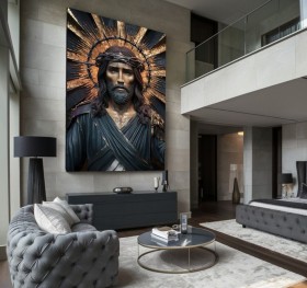 Dramatisches Christus Wandbild mit Dornenkrone und goldenen Strahlen Dramatisches Christus Wandbild mit Dornenkrone und goldenen Strahlen