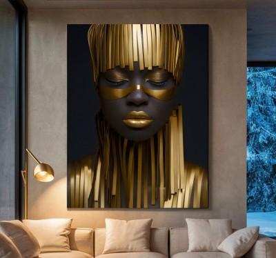 Abstraktes Leinwandbild mit goldener Porträtfigur