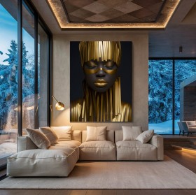 Abstraktes Leinwandbild mit goldener Porträtfigur Abstraktes Leinwandbild mit goldener Porträtfigur
