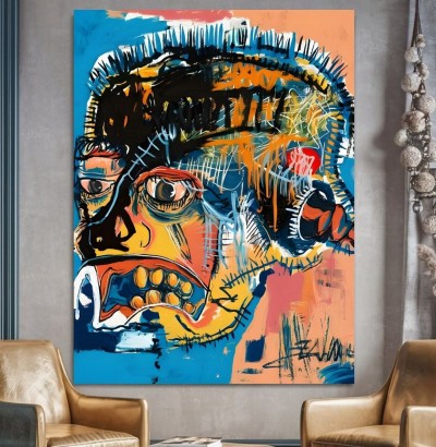Abstraktes Leinwandbild mit expressivem Porträt in kräftigen Farben