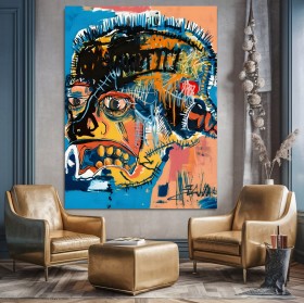 Abstraktes Leinwandbild mit expressivem Porträt in kräftigen Farben Abstraktes Leinwandbild mit expressivem Porträt in kräftigen Farben