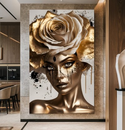 Elegantes Leinwandbild mit goldener Rose und weiblichem Porträt