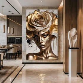 Elegantes Leinwandbild mit goldener Rose und weiblichem Porträt Elegantes Leinwandbild mit goldener Rose und weiblichem Porträt