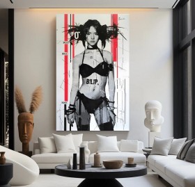 Modernes Leinwandbild mit grafischem Frauenporträt in Schwarz Weiß Rot Modernes Leinwandbild mit grafischem Frauenporträt in Schwarz Weiß Rot