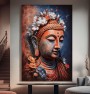 Buddha Leinwandbild mit Blumen in warmen Orange- und Blautönen
