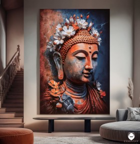 Buddha Leinwandbild mit Blumen in warmen Orange- und Blautönen Buddha Leinwandbild mit Blumen in warmen Orange- und Blautönen