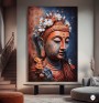 Buddha Leinwandbild mit Blumen in warmen Orange- und Blautönen