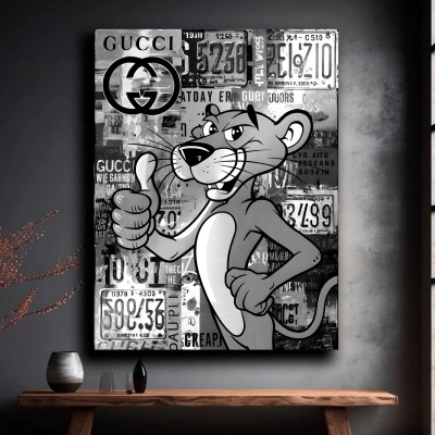 Graffiti Leinwandbild mit lässiger Cartoon-Pantherfigur in Schwarzweiß