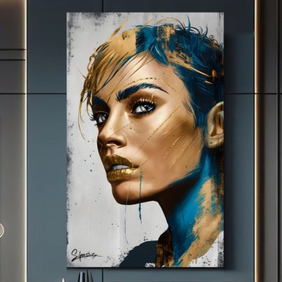 Modernes Porträt Leinwandbild mit blauen und goldenen Akzenten