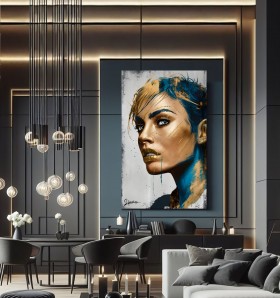 Modernes Porträt Leinwandbild mit blauen und goldenen Akzenten Modernes Porträt Leinwandbild mit blauen und goldenen Akzenten