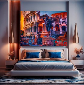 Buntes Leinwandbild mit urbaner Architektur und Graffiti Buntes Leinwandbild mit urbaner Architektur und Graffiti