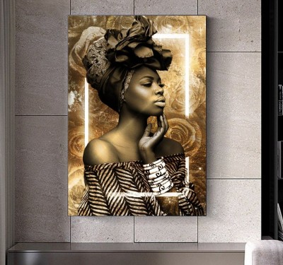 Elegantes Portrait Wandbild in Goldbraun mit dekorativer Kopftracht