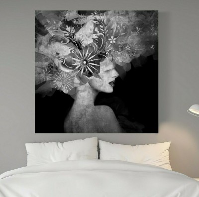 Abstraktes Leinwandbild mit Frauenprofil und floralen Ornamenten