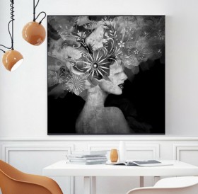 Abstraktes Leinwandbild mit Frauenprofil und floralen Ornamenten Abstraktes Leinwandbild mit Frauenprofil und floralen Ornamenten