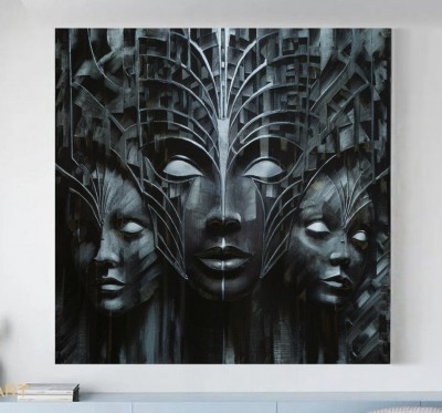 Dunkles Wandbild mit drei stilisierten Maskengesichtern