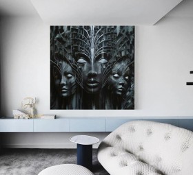 Dunkles Wandbild mit drei stilisierten Maskengesichtern Dunkles Wandbild mit drei stilisierten Maskengesichtern