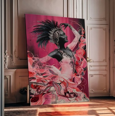 Ausdrucksstarkes Leinwandbild mit tanzender Frau in Pink und Schwarz