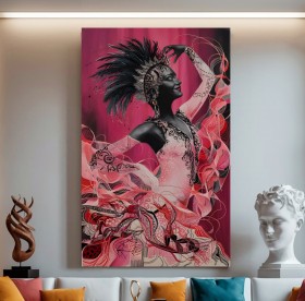 Ausdrucksstarkes Leinwandbild mit tanzender Frau in Pink und Schwarz Ausdrucksstarkes Leinwandbild mit tanzender Frau in Pink und Schwarz