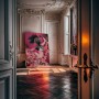 Ausdrucksstarkes Leinwandbild mit tanzender Frau in Pink und Schwarz