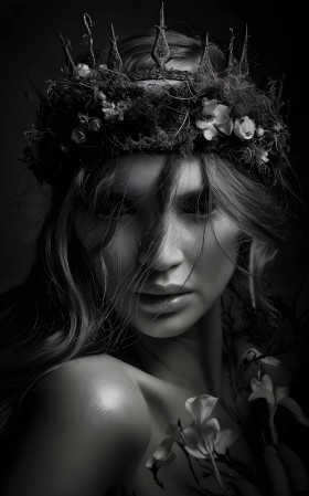 Monochromes Porträt mit floralem Kopfschmuck als Leinwandbild Monochromes Porträt mit floralem Kopfschmuck als Leinwandbild