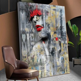 Abstraktes Leinwandbild mit stilisierter Frauenfigur und roten Akzenten Abstraktes Leinwandbild mit stilisierter Frauenfigur und roten Akzenten
