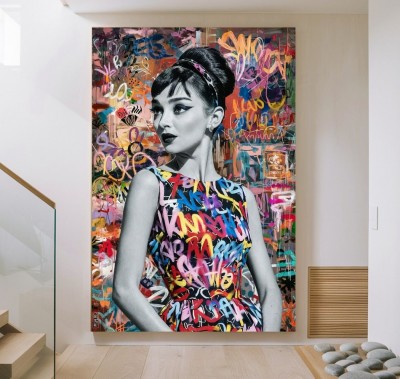 Leinwandbild Porträt mit farbiger Street Art und Graffiti
