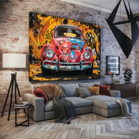 Graffiti Leinwandbild mit rotem Oldtimer im urbanen Stil Graffiti Leinwandbild mit rotem Oldtimer im urbanen Stil