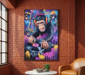 Leinwandbild DJ-Affe mit Kopfhörern und Graffiti-Elementen Leinwandbild DJ-Affe mit Kopfhörern und Graffiti-Elementen