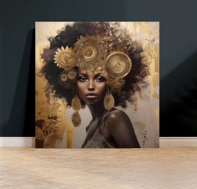 Elegantes Leinwandbild mit afro-inspirierter Frau und Goldakzenten