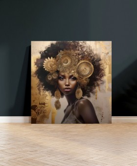 Elegantes Leinwandbild mit afro-inspirierter Frau und Goldakzenten Elegantes Leinwandbild mit afro-inspirierter Frau und Goldakzenten