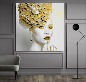 Elegantes Leinwandbild mit goldener Porträtfrau im modernen Stil Elegantes Leinwandbild mit goldener Porträtfrau im modernen Stil