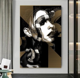 Abstraktes Leinwandbild mit stilisiertem Frauenporträt in Gold und Schwarz Abstraktes Leinwandbild mit stilisiertem Frauenporträt in Gold und Schwarz