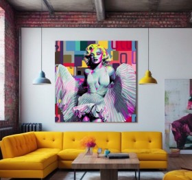 Pop Art Leinwandbild mit glamouröser Frauenfigur und Farbflächen Pop Art Leinwandbild mit glamouröser Frauenfigur und Farbflächen